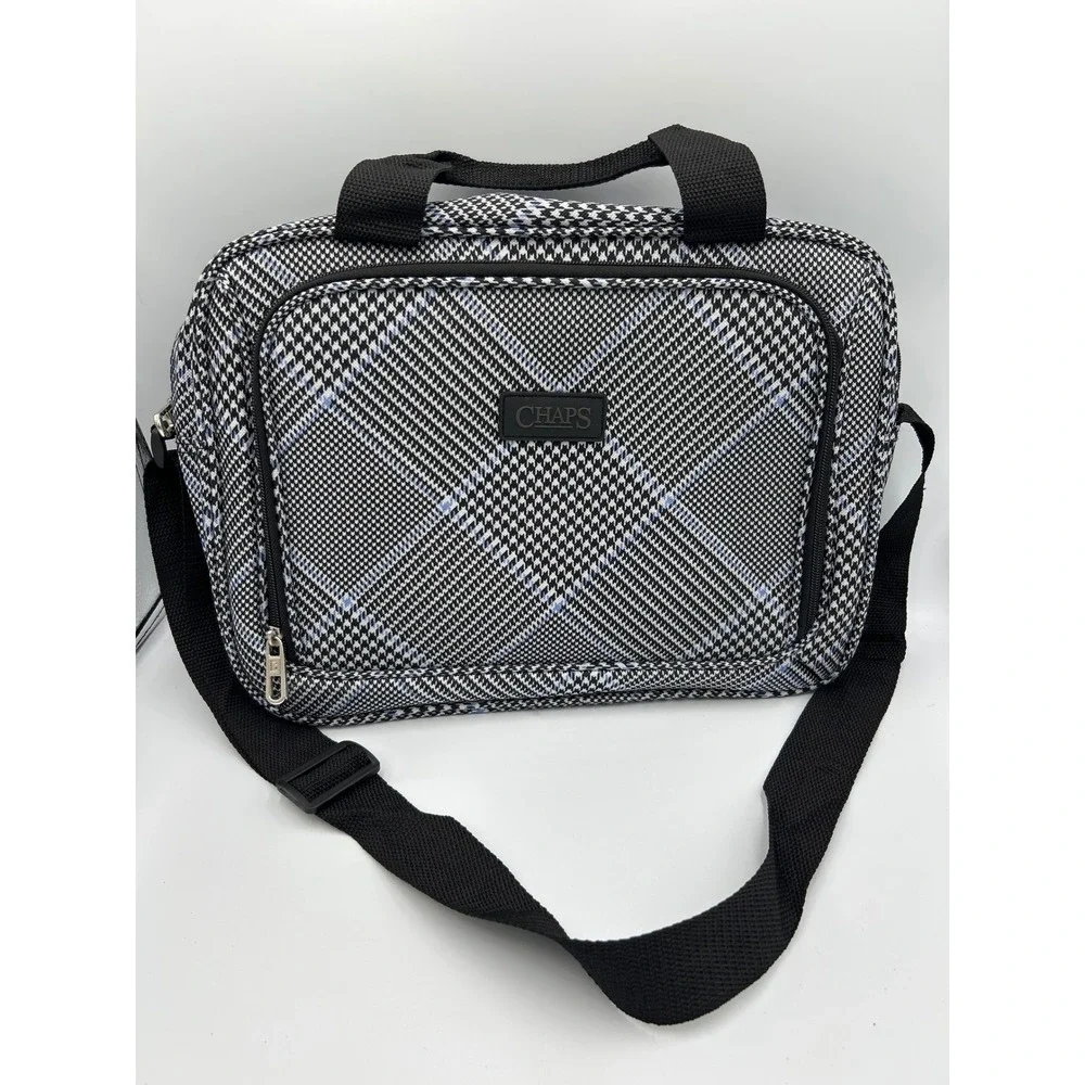 Chaps Messenger Bag Black White Blue Glen‎ Plaid Light Crossbody Laptop Case